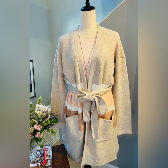 POEM & THREAD Long Cardigan Sweater Coat Open Front Belted Champagne Ivory/Pink - Picture 6 of 14